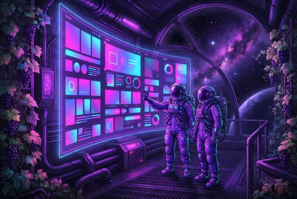 Illustrated cyberpunk astronauts in a space station with grape vines: astronauts at a curved display wall of abstract website layouts
