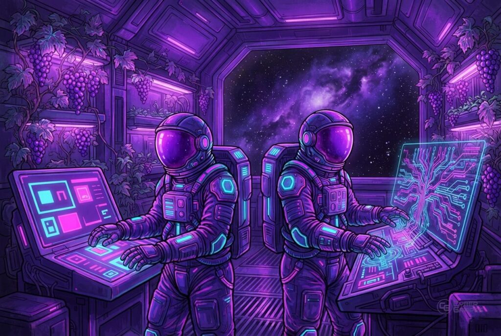 Illustrated cyberpunk astronauts in a space station with grape vines: two astronauts at consoles comparing a simple layout with a branching circuit network