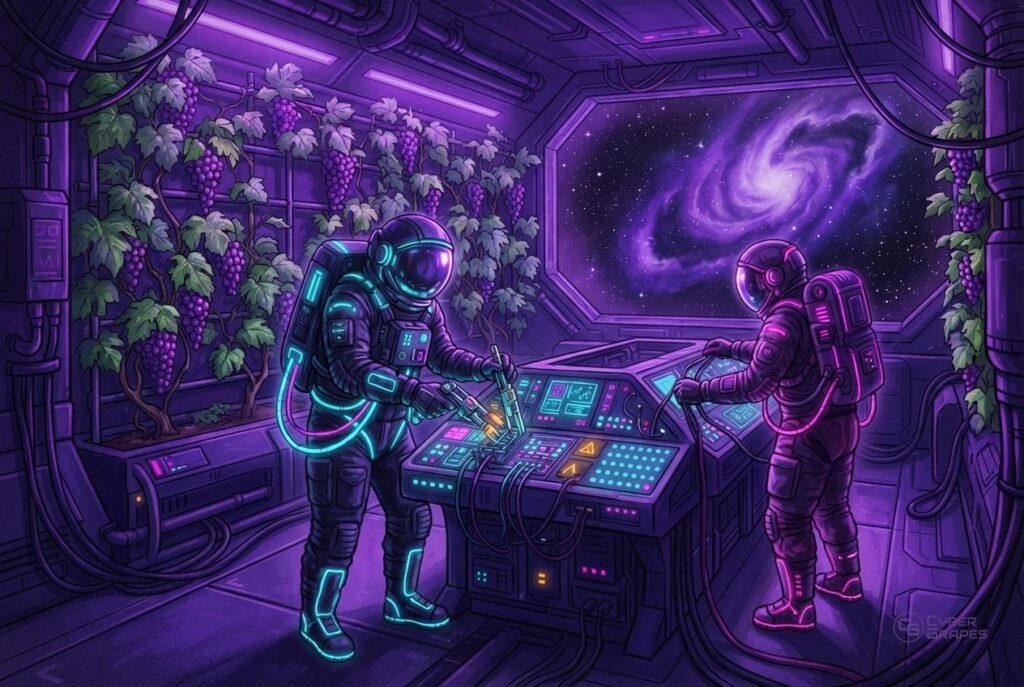 Illustrated cyberpunk astronauts in a space station with grape vines: astronauts repairing a console with amber warning lights
