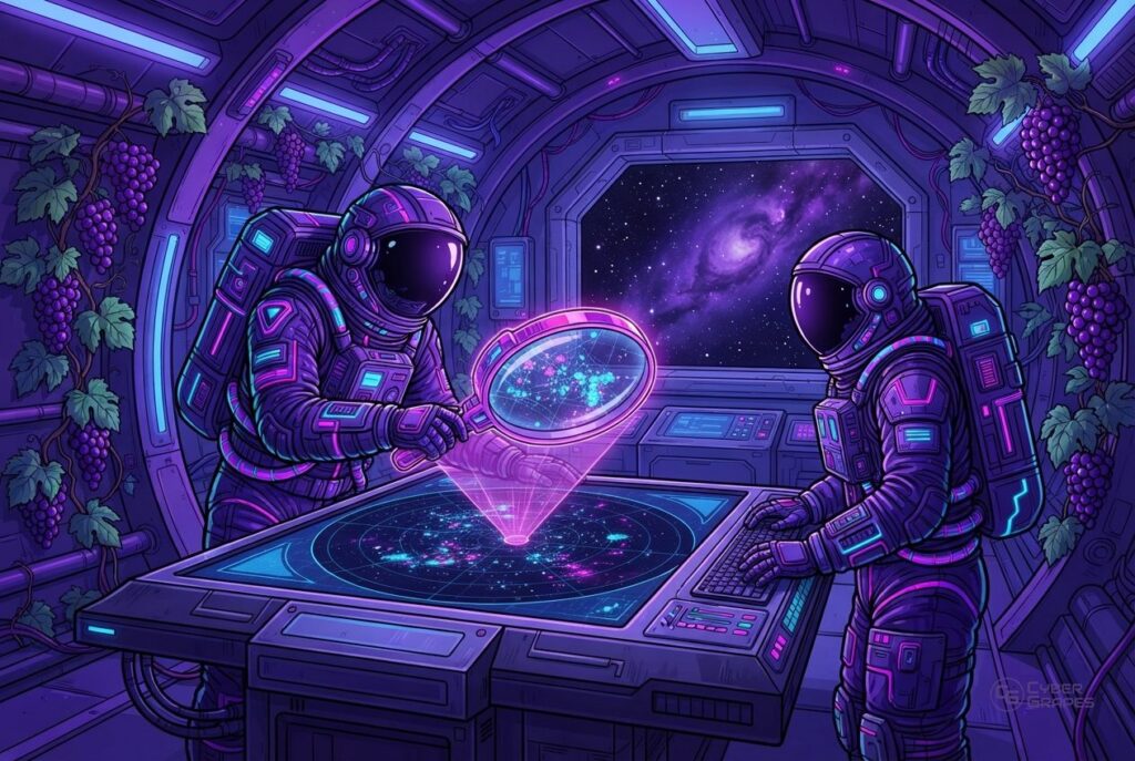 Illustrated cyberpunk astronauts in a space station with grape vines: an astronaut holding a glowing magnifying lens over a radar map