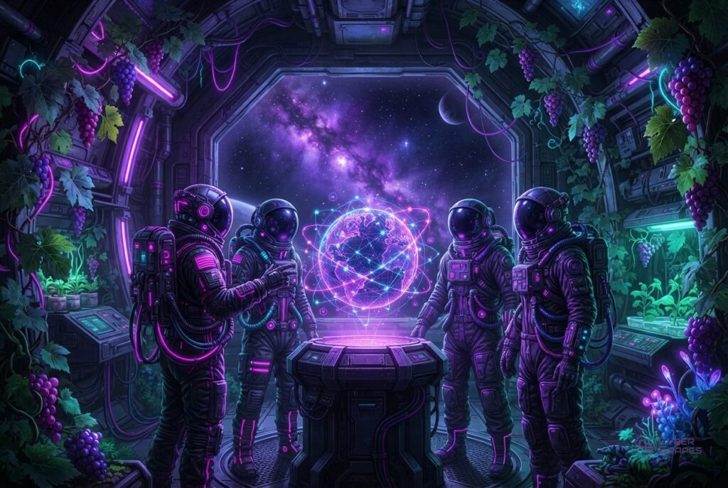 Illustrated cyberpunk astronauts in a space station with grape vines: astronauts around a hologram of a connected globe