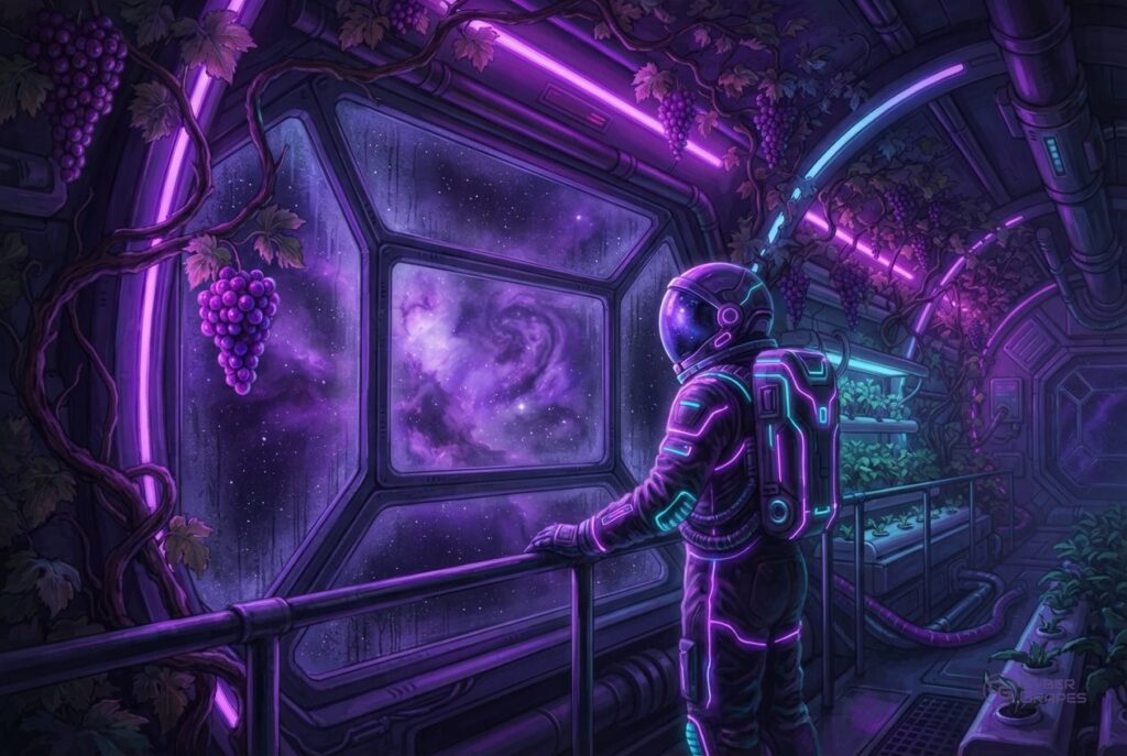 Illustrated cyberpunk astronauts in a space station with grape vines: an astronaut gazing quietly at a nebula beside a hanging grape cluster