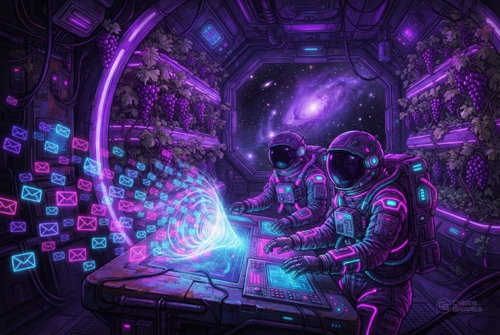 Illustrated cyberpunk astronauts in a space station with grape vines: astronauts at a console where glowing envelopes flow into a funnel