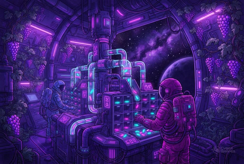 Illustrated cyberpunk astronauts in a space station with grape vines: an astronaut at a sorting station delivering glowing messages into inbox slots