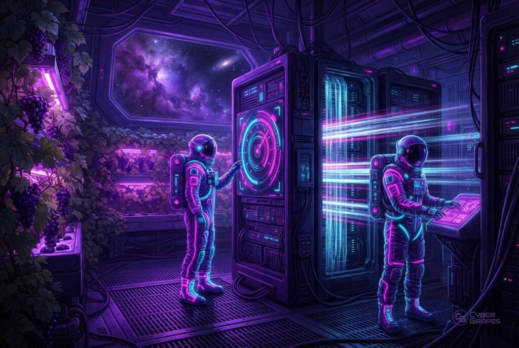 Illustrated cyberpunk astronauts in a space station with grape vines: astronauts beside server racks with fast streaks of light