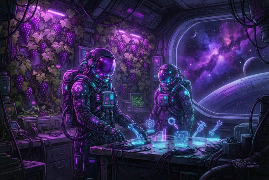 Illustrated cyberpunk astronauts in a space station with grape vines: astronauts at a workbench with glowing tool holograms