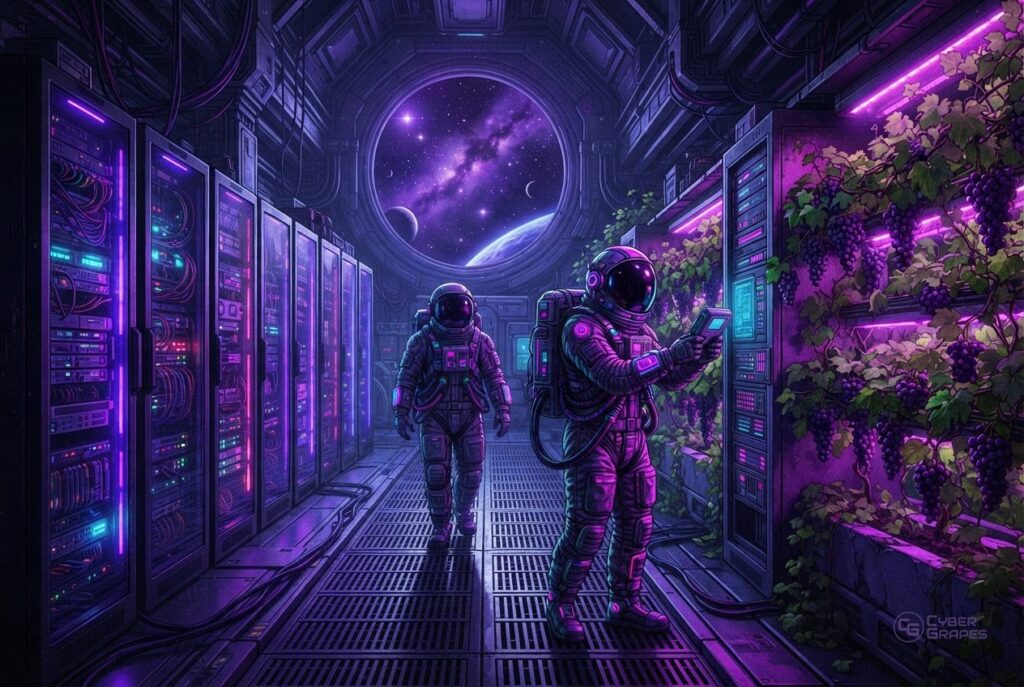 Illustrated cyberpunk astronauts in a space station with grape vines: an astronaut checking tall server racks in a corridor
