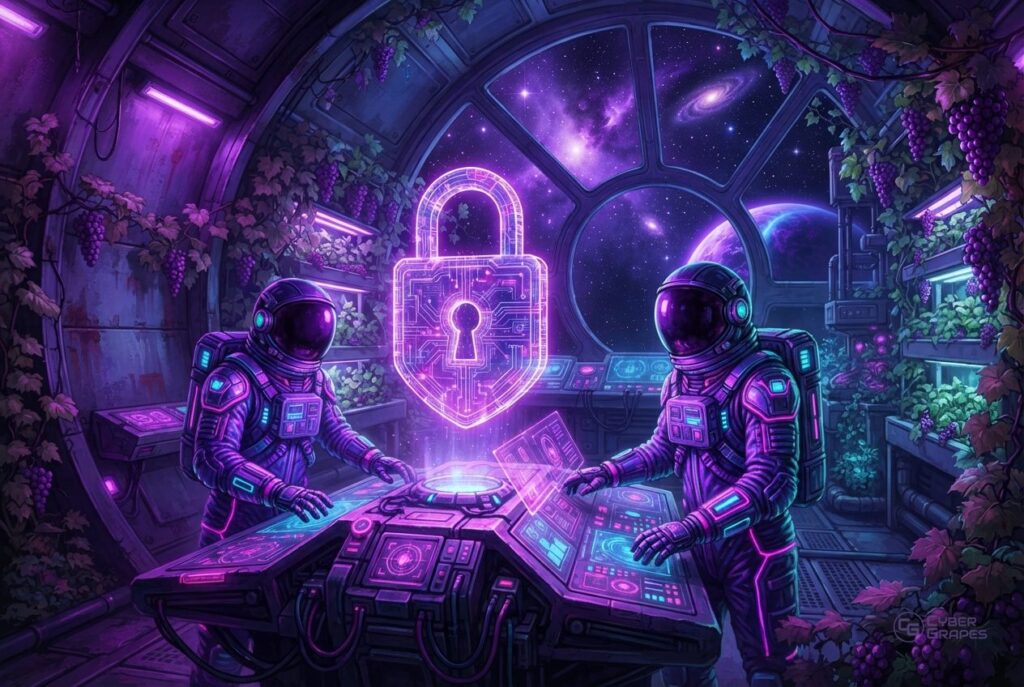 Illustrated cyberpunk astronauts in a space station with grape vines: astronauts at a console with a glowing padlock shield hologram