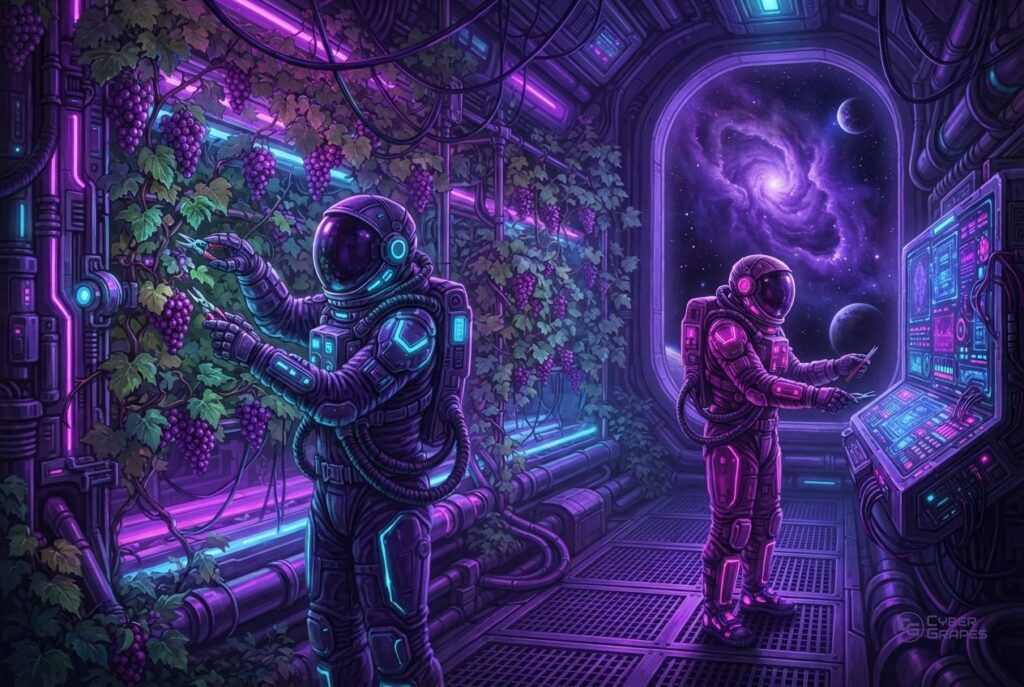 Illustrated cyberpunk astronauts in a space station with grape vines: astronauts pruning grape vines and maintaining a console