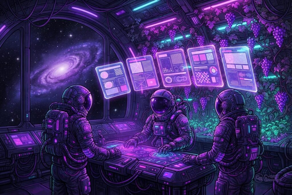 Illustrated cyberpunk astronauts in a space station with grape vines: astronauts at a console with five floating website page panels