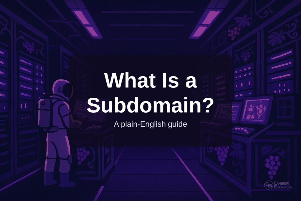 Cyber Grapes astronaut in a purple server room beside the title What Is a Subdomain