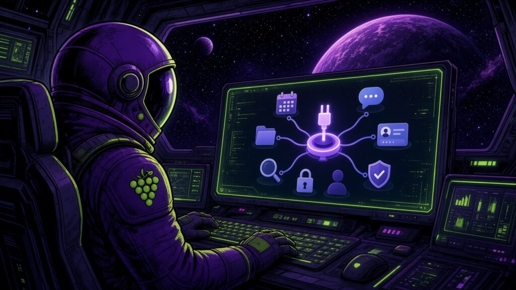 Astronaut at a space station computer showing an MCP connector diagram